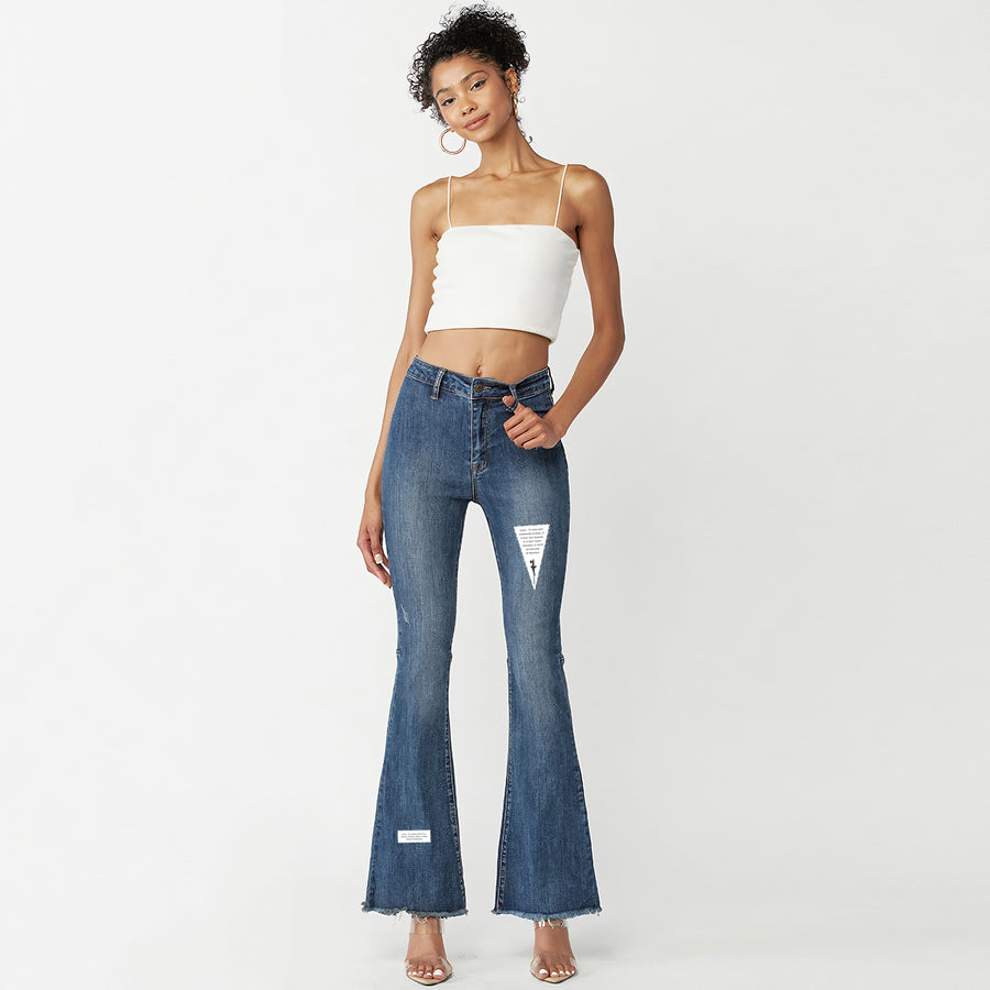 High Rise Frayed Flared Jeans